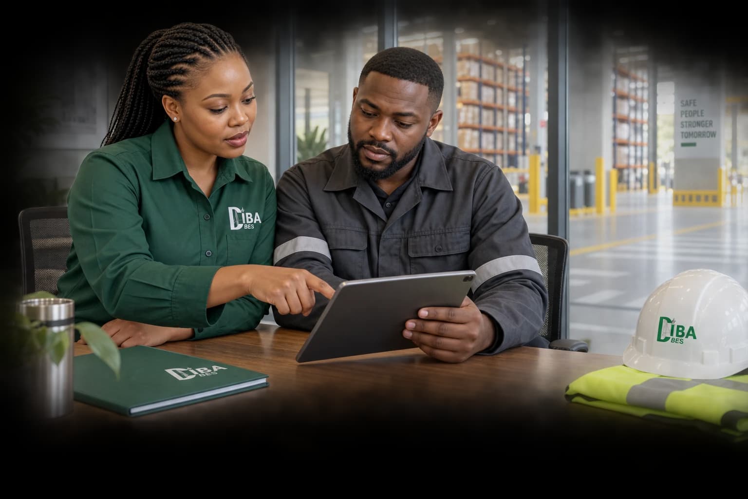 A Diba-branded adviser and operations supervisor reviewing workplace requirements together