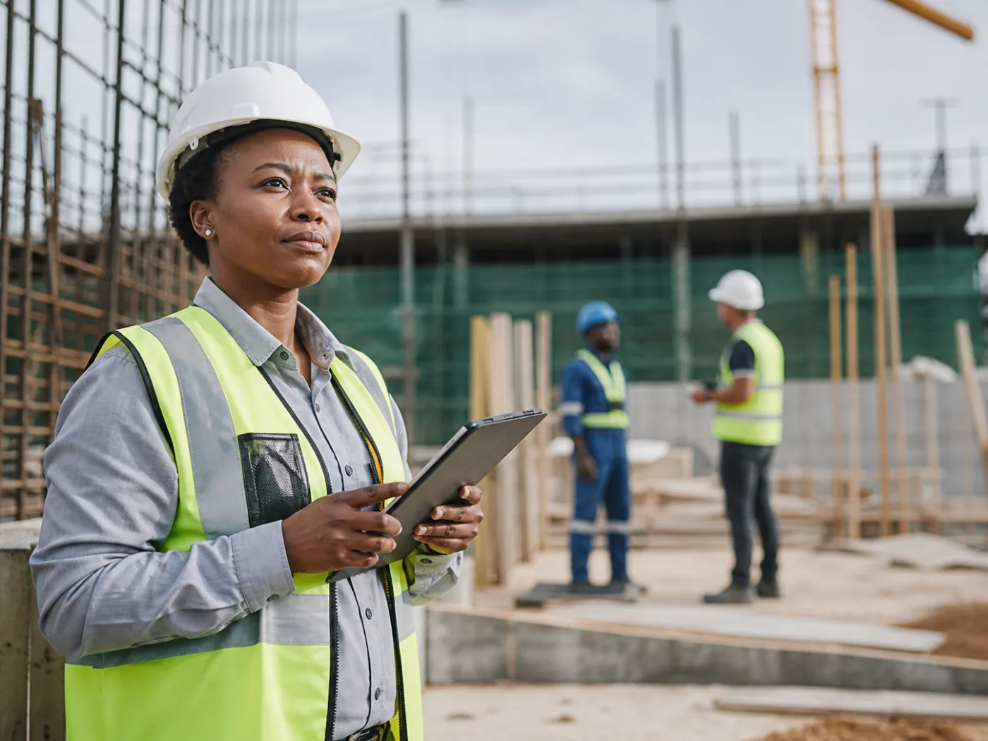 An occupational health and safety professional carrying out a construction-site inspection