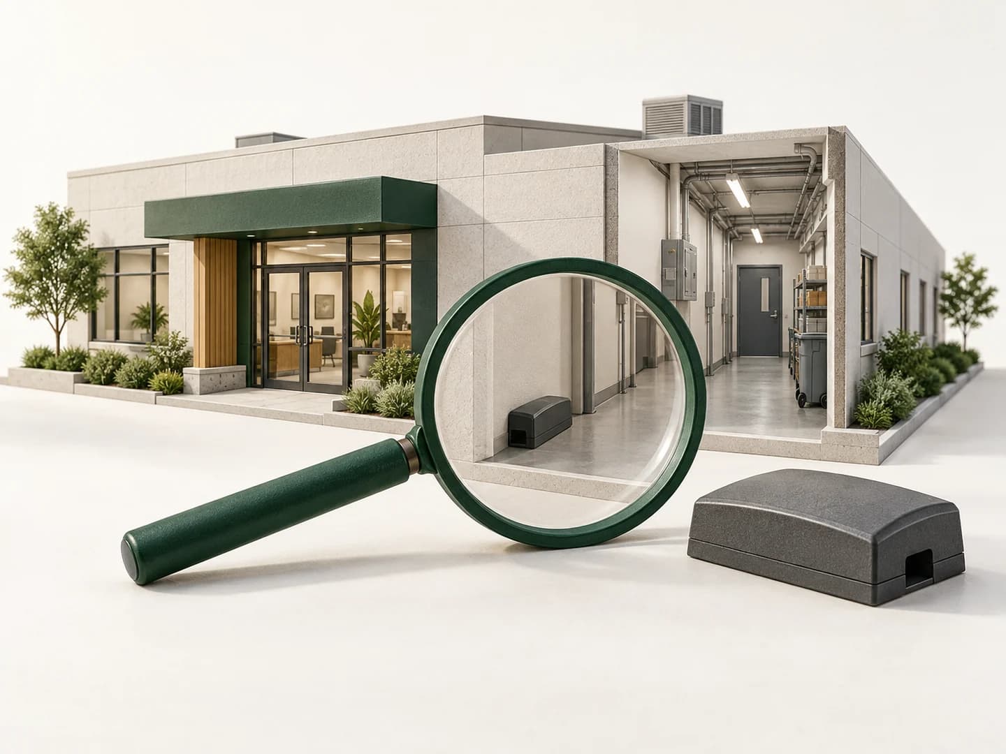 Conceptual illustration of a commercial facility, inspection lens and closed pest-monitoring station