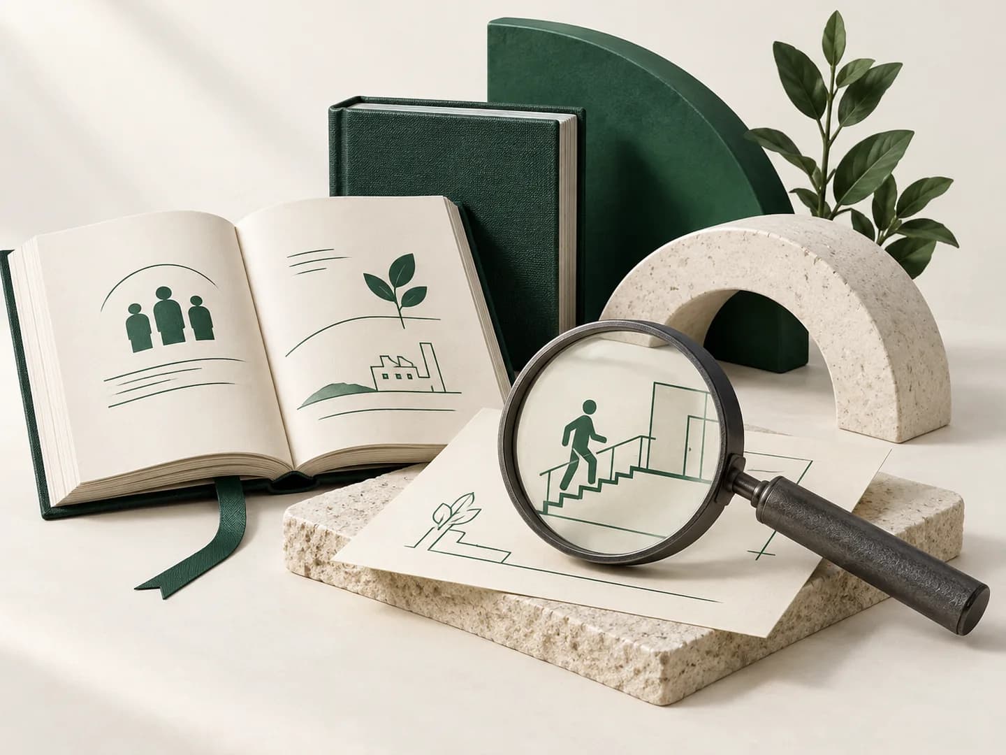 Conceptual illustration of reference books and a magnifying lens exploring workplace guidance