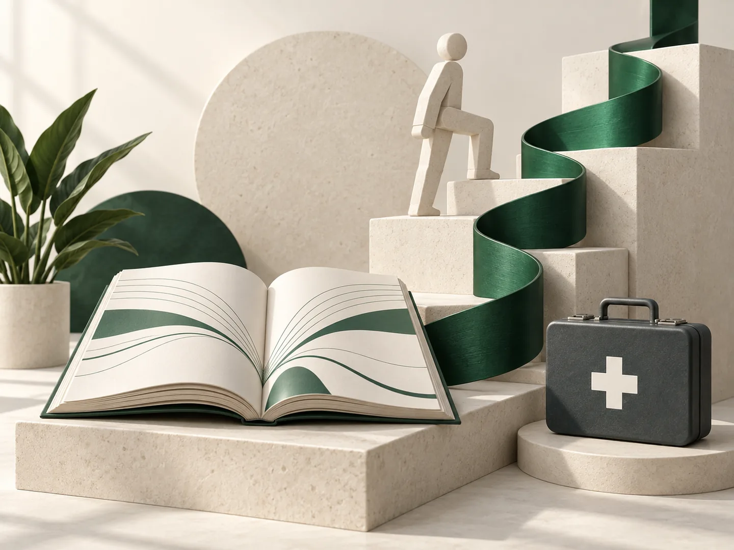 Illustration of an open training book and first-aid kit beside a figure climbing steps